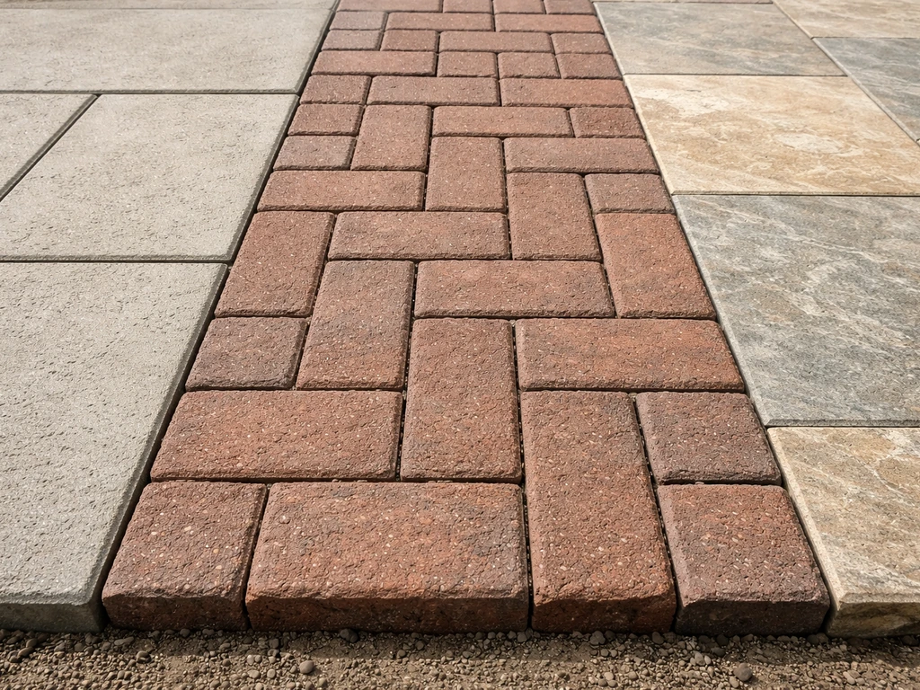 Close-up of concrete slabs, brick/block pavers, and natural stone/porcelain patio tiles laid side-by-side