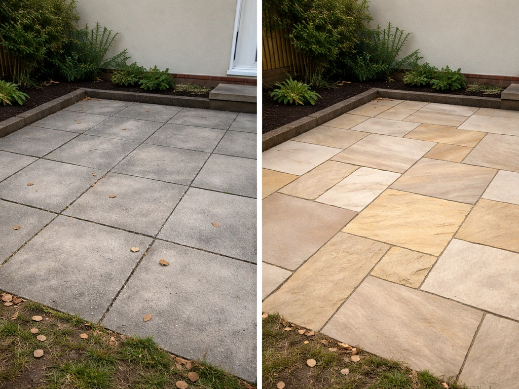 Split patio before-and-after: grey concrete slabs on one side, warm Indian sandstone paving on the other.