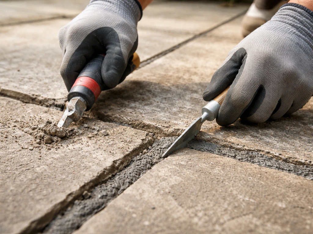 Close-up of patio repointing in progress, removing old mortar and filling joints with fresh gray cement.