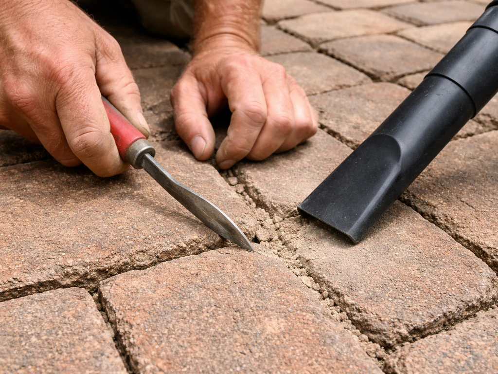 Hands rake out crumbling mortar from patio joints while a vacuum clears the joint cavity.