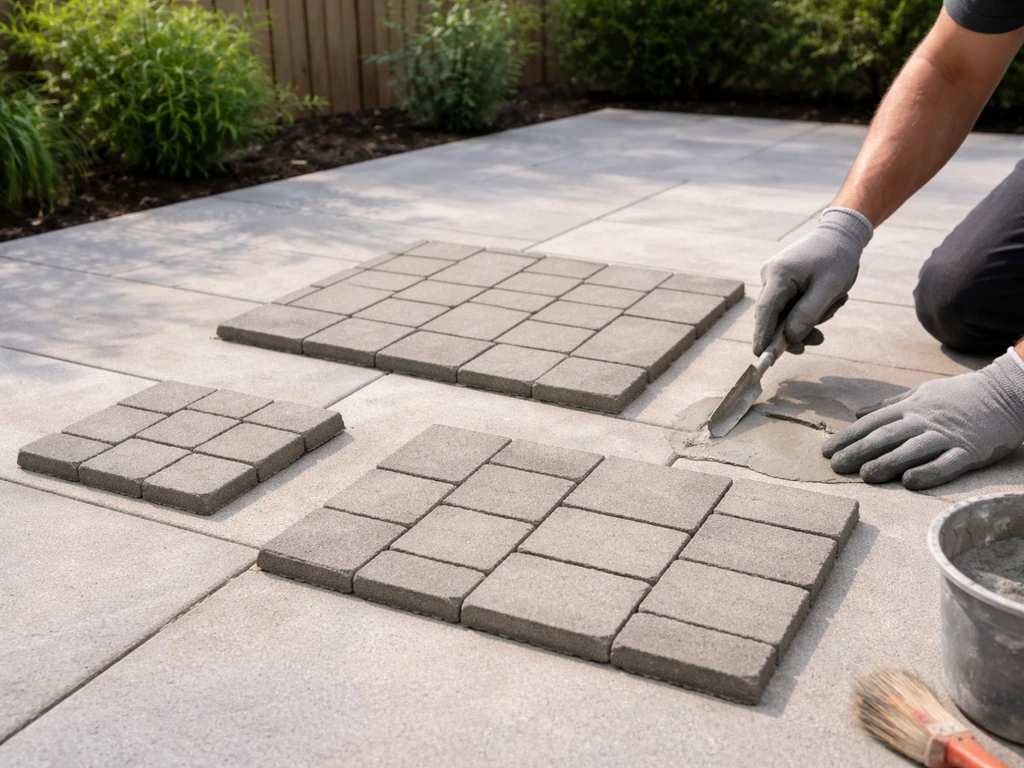 Minimal outdoor patio with three small repointing work zones showing different square sizes