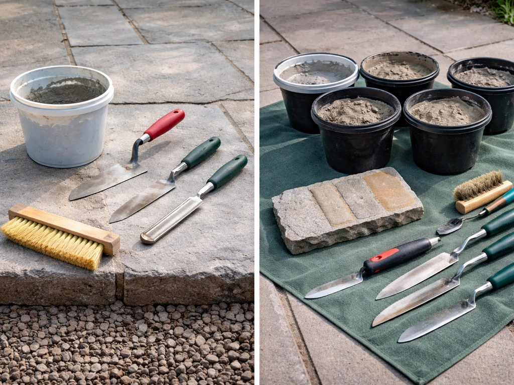 Homeowner tools laid out beside pro-style repointing materials for comparing DIY vs hiring a pro.