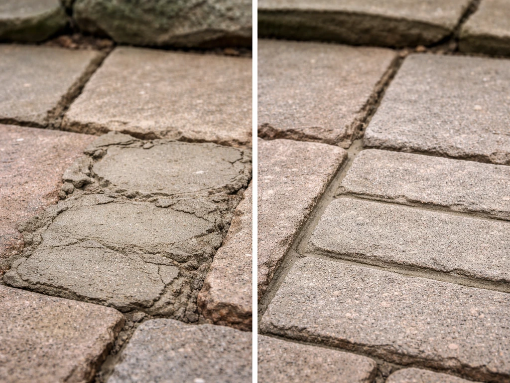 Close-up of patio joints: fresh mortar over cracked deteriorated edges versus neatly raked prepared joints.