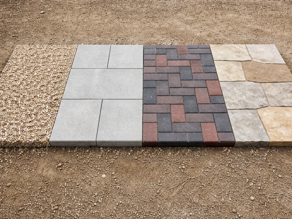 Four adjacent patio surface samples—pea gravel, concrete slabs, paving blocks, and natural stone—laid out side by side.