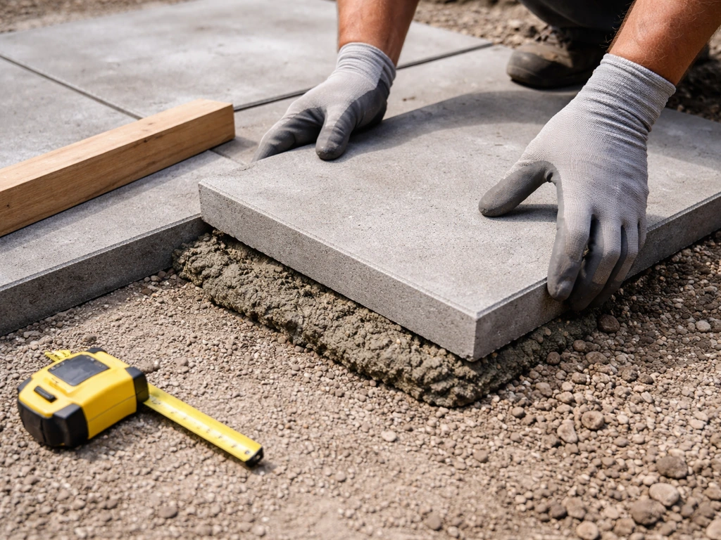 Close-up of workers laying plain concrete slabs on mortar, with a straightedge and measuring tape visible