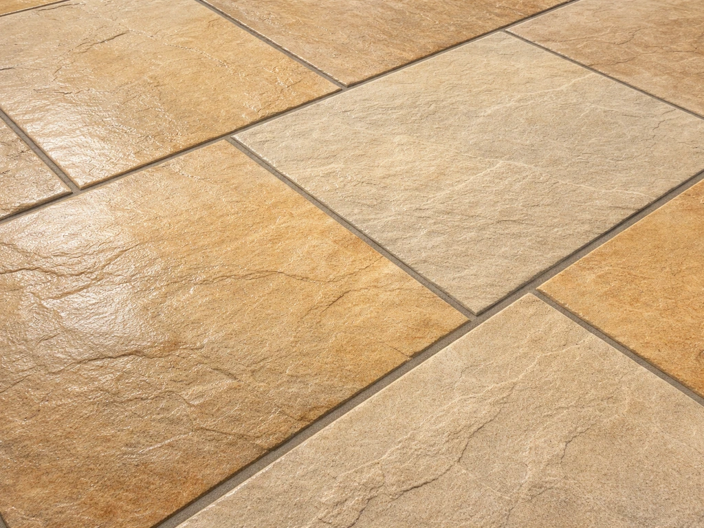 Close-up of an Indian sandstone patio sample with riven texture, showing varied tones and neat joint lines.