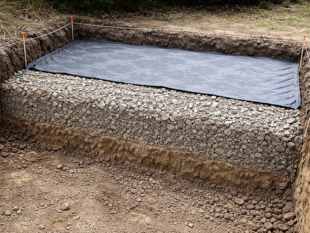 Cross-section view of a patio sub-base: compacted MOT Type 1 under geotextile with visible depth/grade layers.