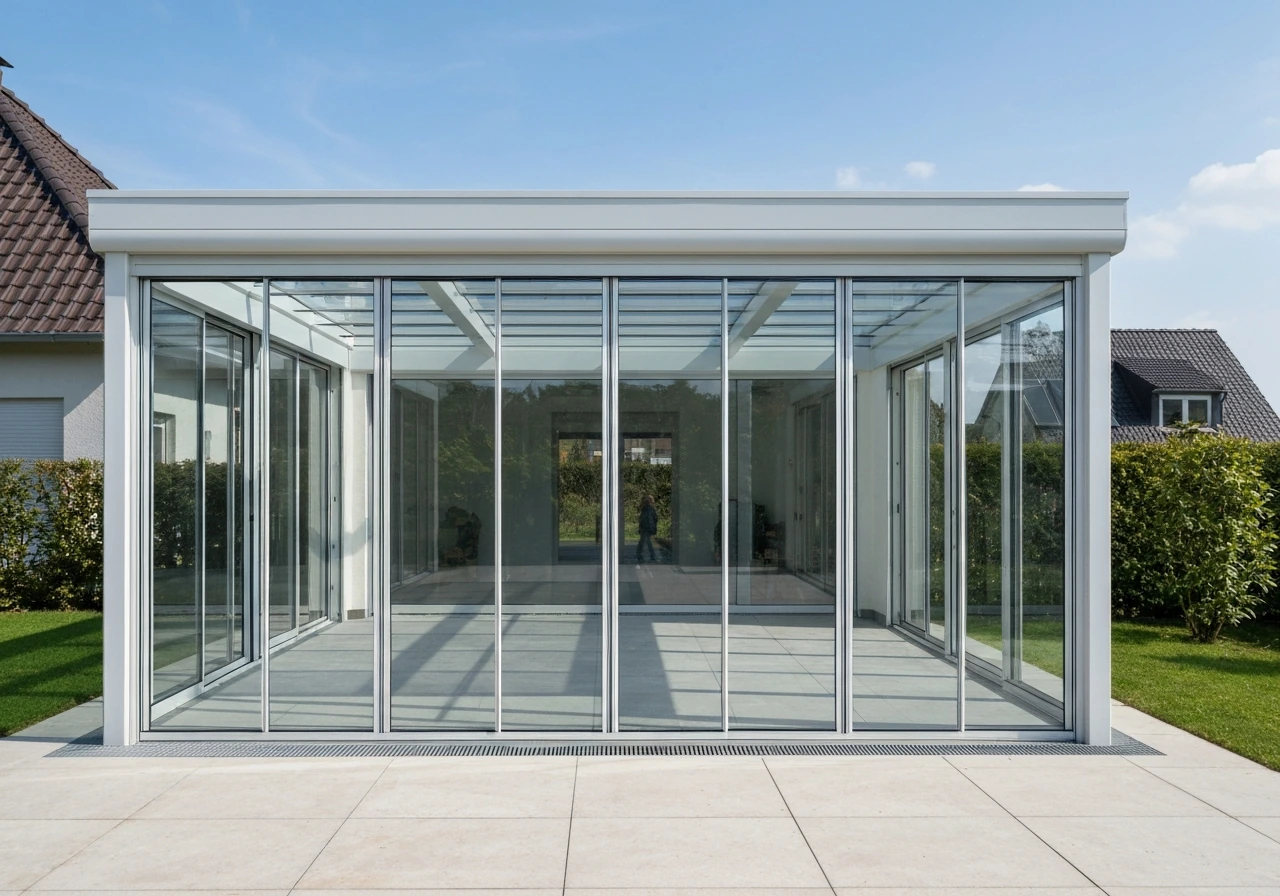 Bright exterior view of a finished glass patio enclosure with framed windows and glazed roof panels.