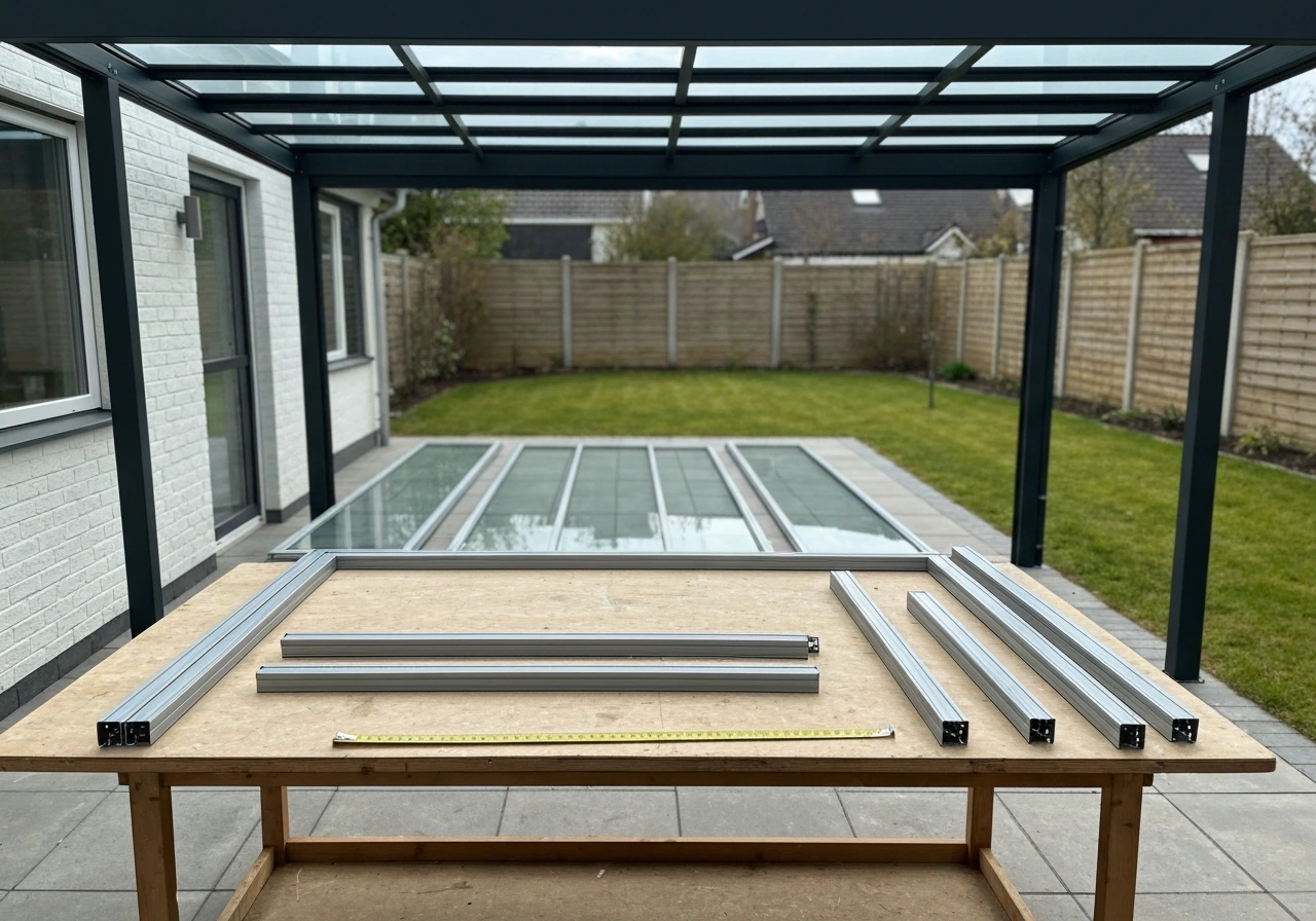 Backyard with a fitted glass roof patio and framing materials on a workbench, natural daylight.