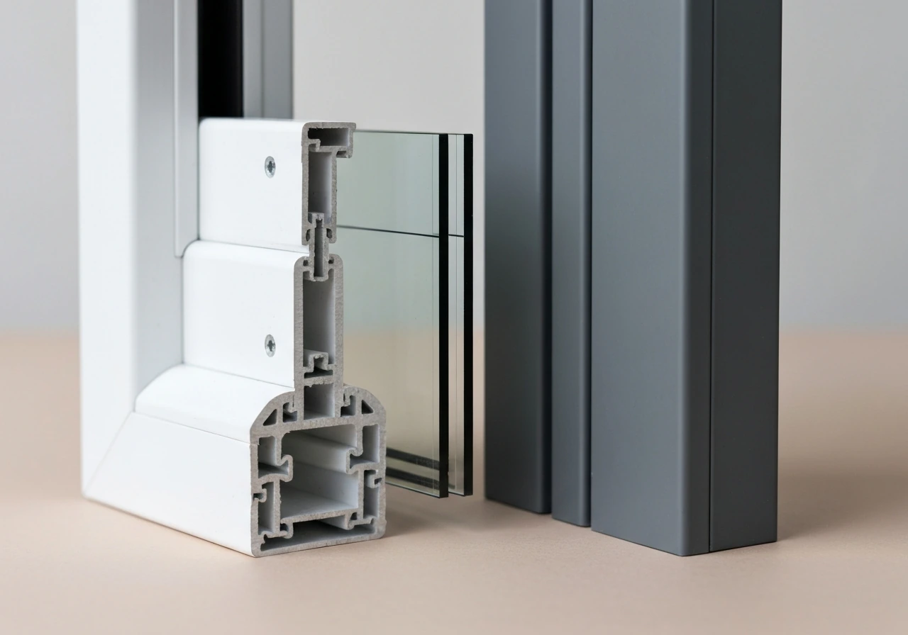 Close-up side-by-side uPVC and powder-coated aluminium patio frame materials with a double-glazing section.