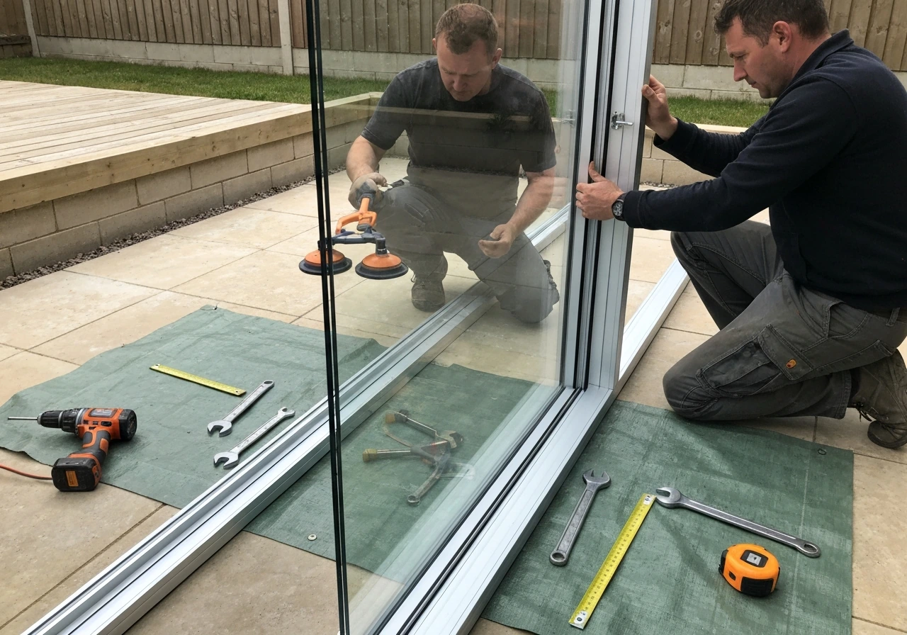 Glaziers install a clear glass patio enclosure, with tools and aluminium frame visible in natural light.