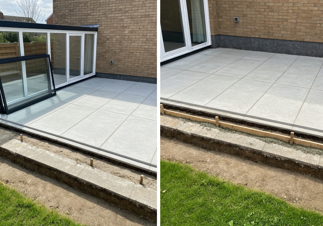 Minimal before/after patio glazing setup showing existing slab vs added strip footings and DPC base.