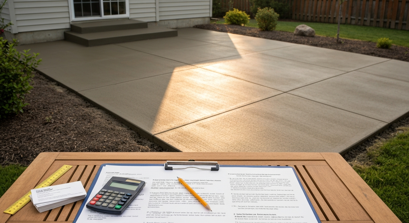 Freshly poured concrete patio with contractor tools and a printed estimate on a table.