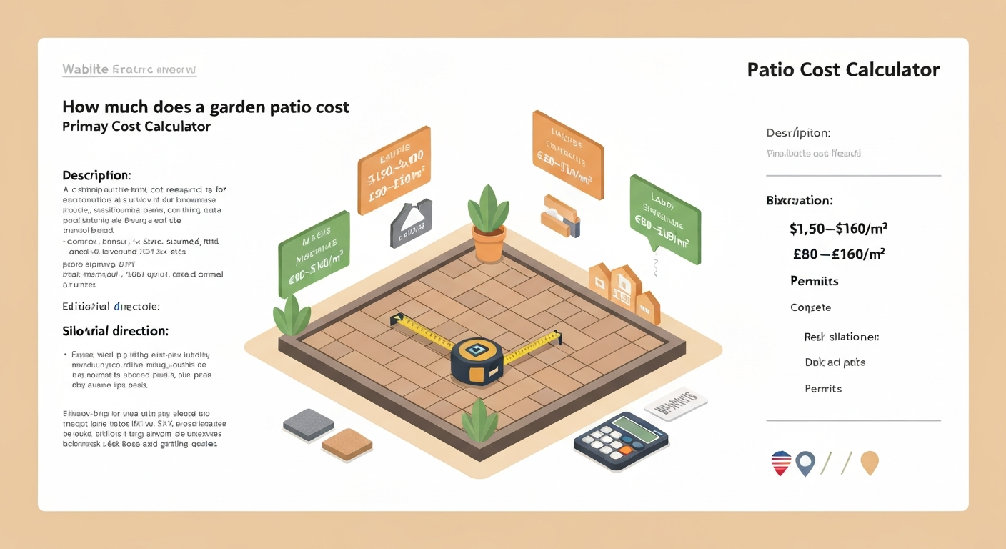 Illustration of a garden patio with icons for cost drivers, price tags for US/UK/Ireland, and tools (calculator, tape measure).