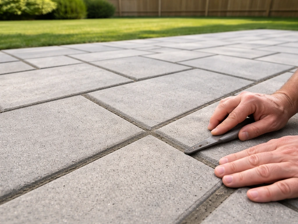 Freshly pointed patio paver joints on a residential backyard patio in bright natural light.