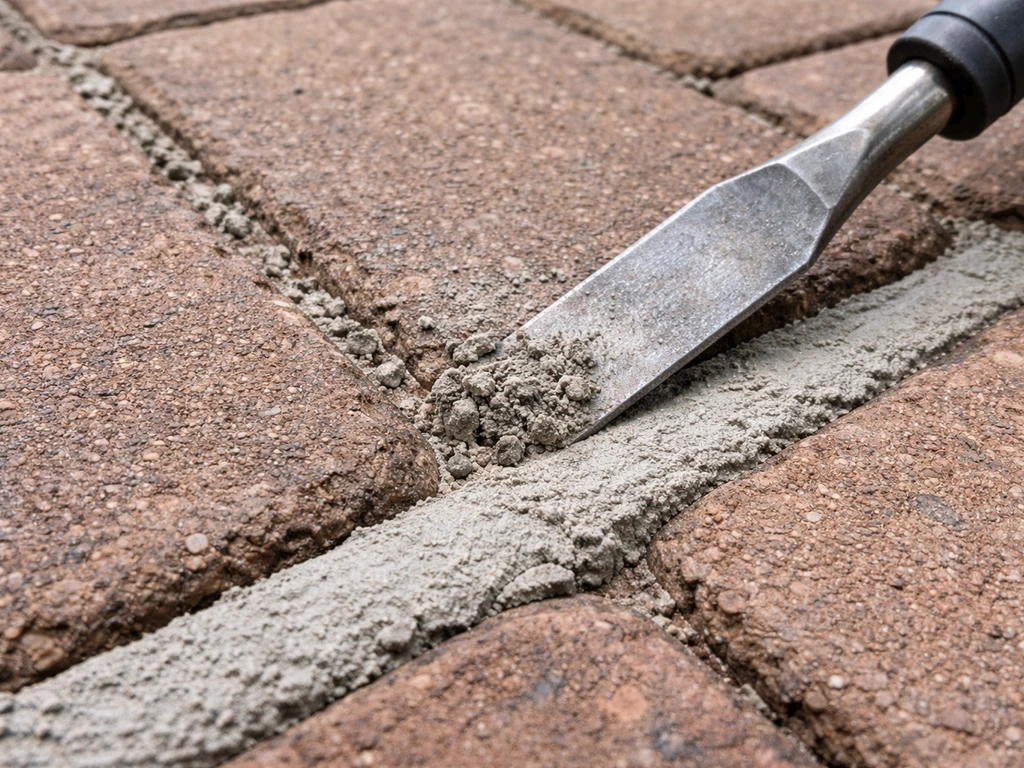 Close-up of a patio joint as mortar is scraped out and fresh mortar is pressed in