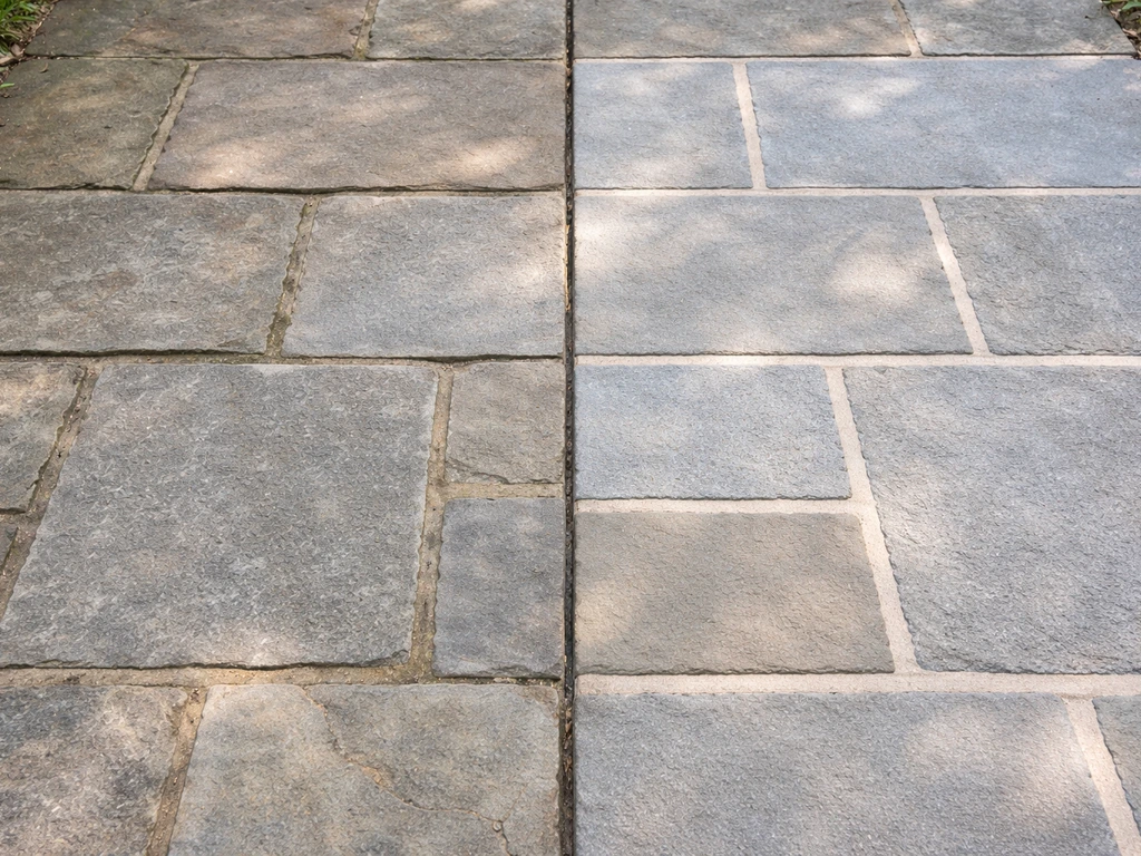 Stone patio showing left spot mortar repairs and right full repointing with a clear dividing boundary.