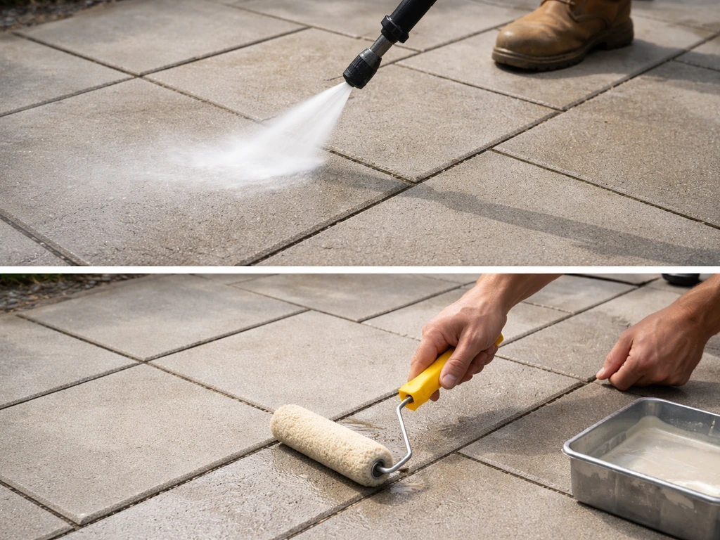 Hands applying patio sealer after pressure washing, focusing on clean paver joints.