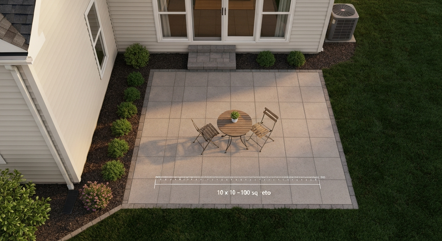 Aerial view of a 10x10 (100 sq ft) backyard patio with pavers, small table and two chairs, grass border and edging, shown to indicate scale.