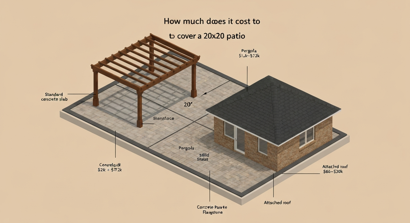 Illustrated 20x20 patio (top-down/angled) split into sections showing different surface types and two cover options with price callouts and a 20'x20' dimension label.