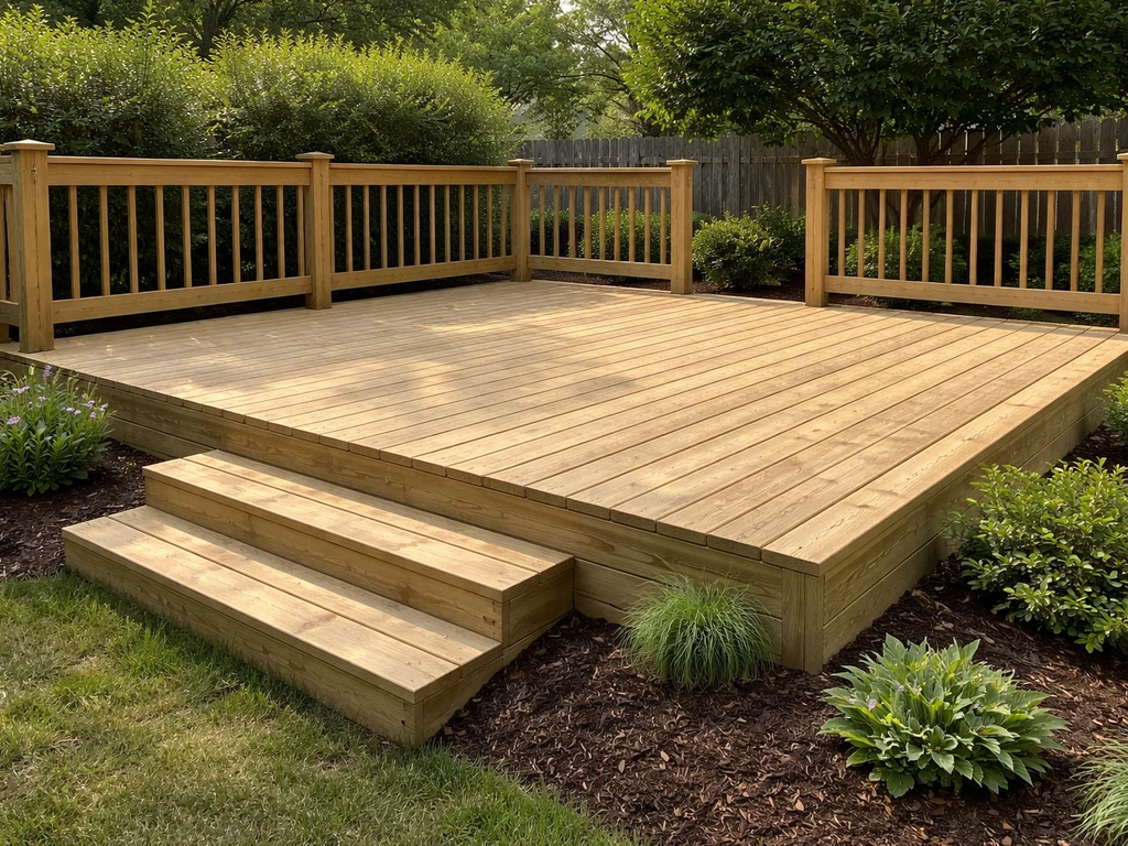 Finished pressure-treated wood patio with visible boards, railing, steps, and surrounding landscaping.