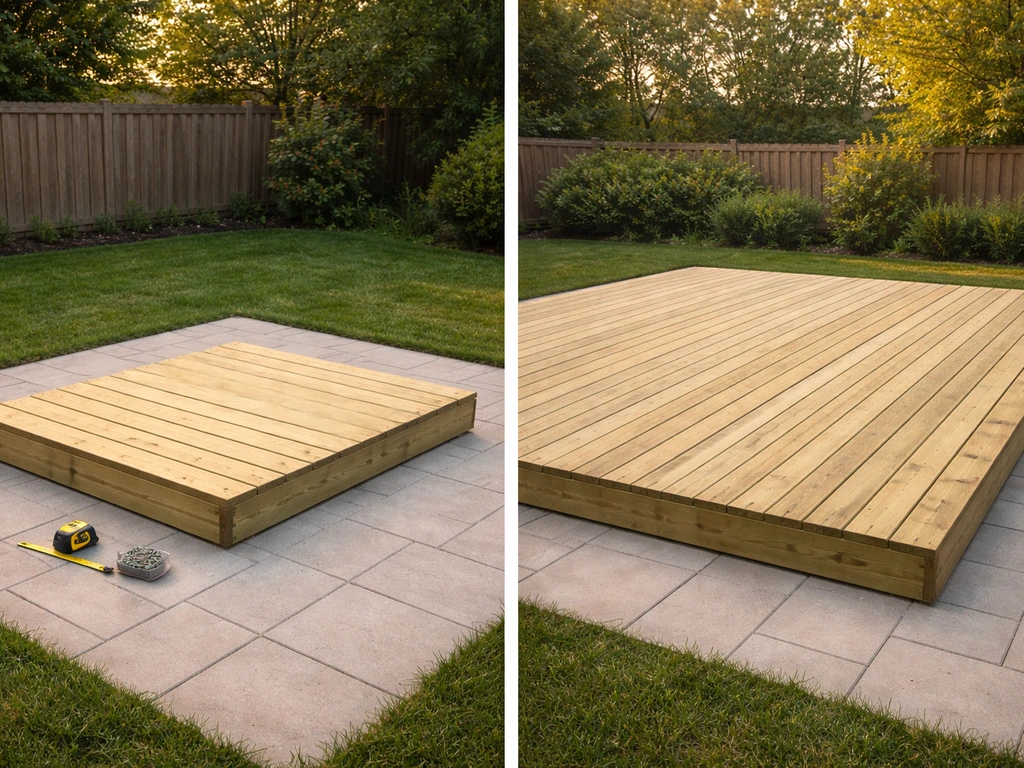 Two side-by-side pressure-treated wood patio mock-ups in small and large sizes on a clean yard.