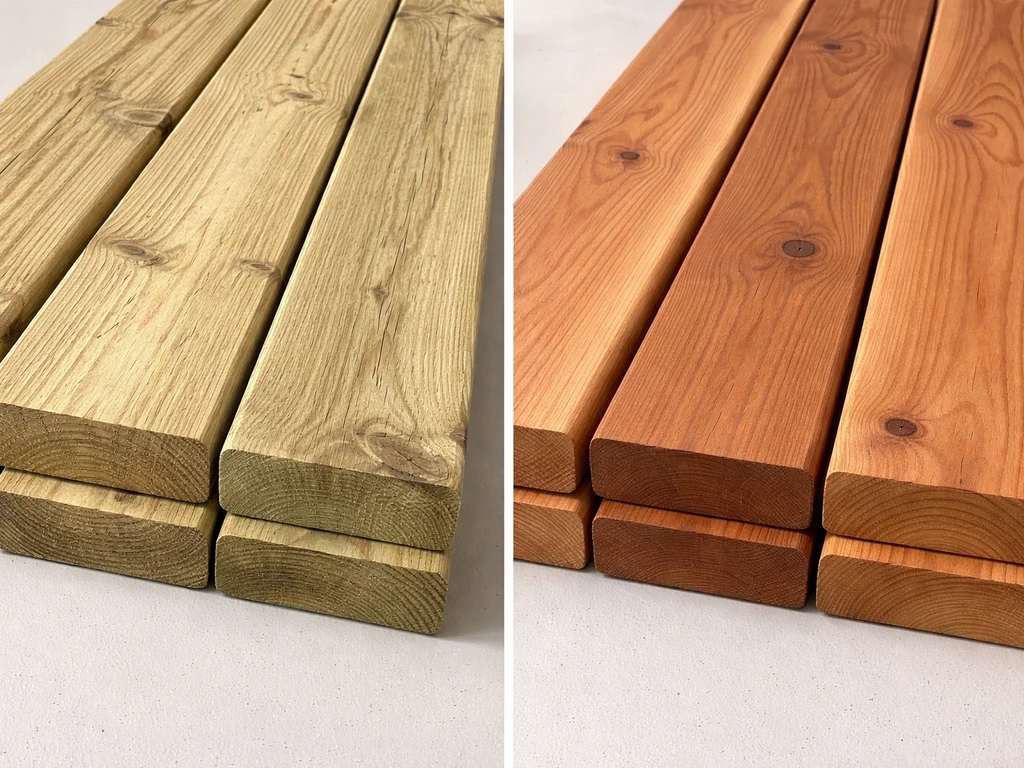 Close-up of pressure-treated pine and cedar deck boards side-by-side showing different colors and grain.