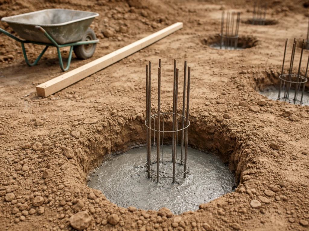 Excavated post holes with rebar and wet concrete footings ready for deck framing.