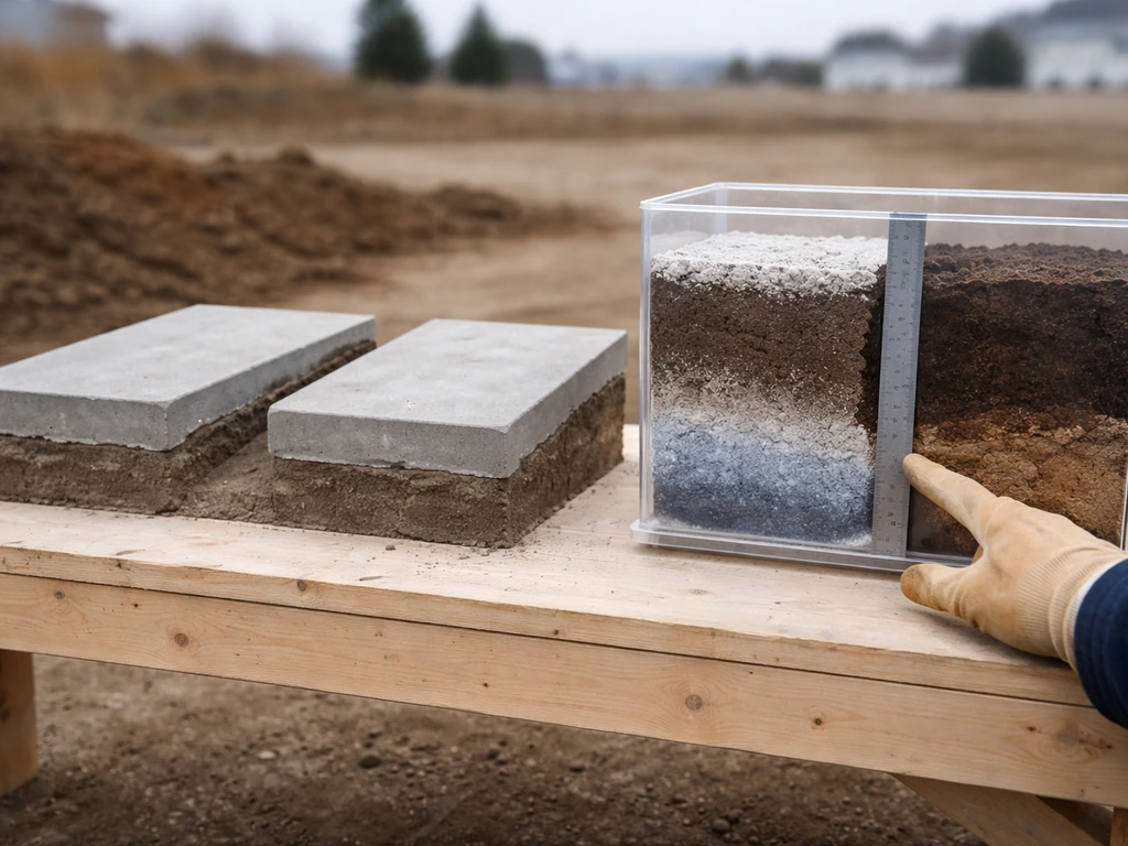 Two foundation samples on a bench showing level vs sloped grade and frost-soil depth differences.